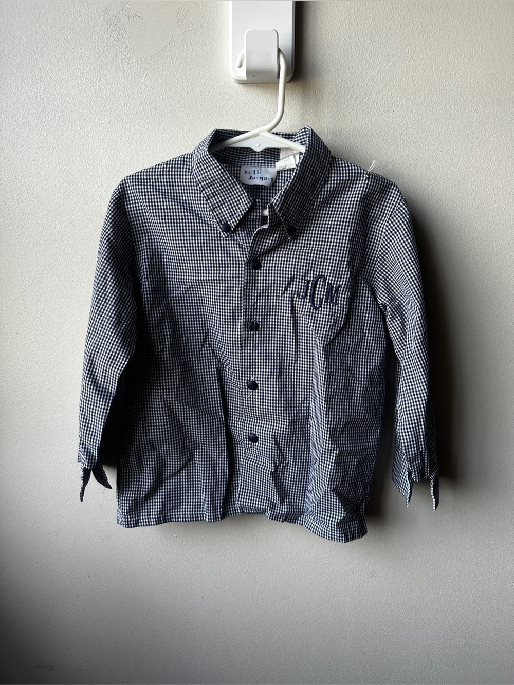 Little Jacques Boys 4 Navy Gingham Button Down Shirt Long Sleeve JCM Monogram